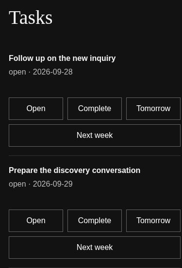 Actual mobile task interface showing demonstration follow-up work with complete and reschedule controls
