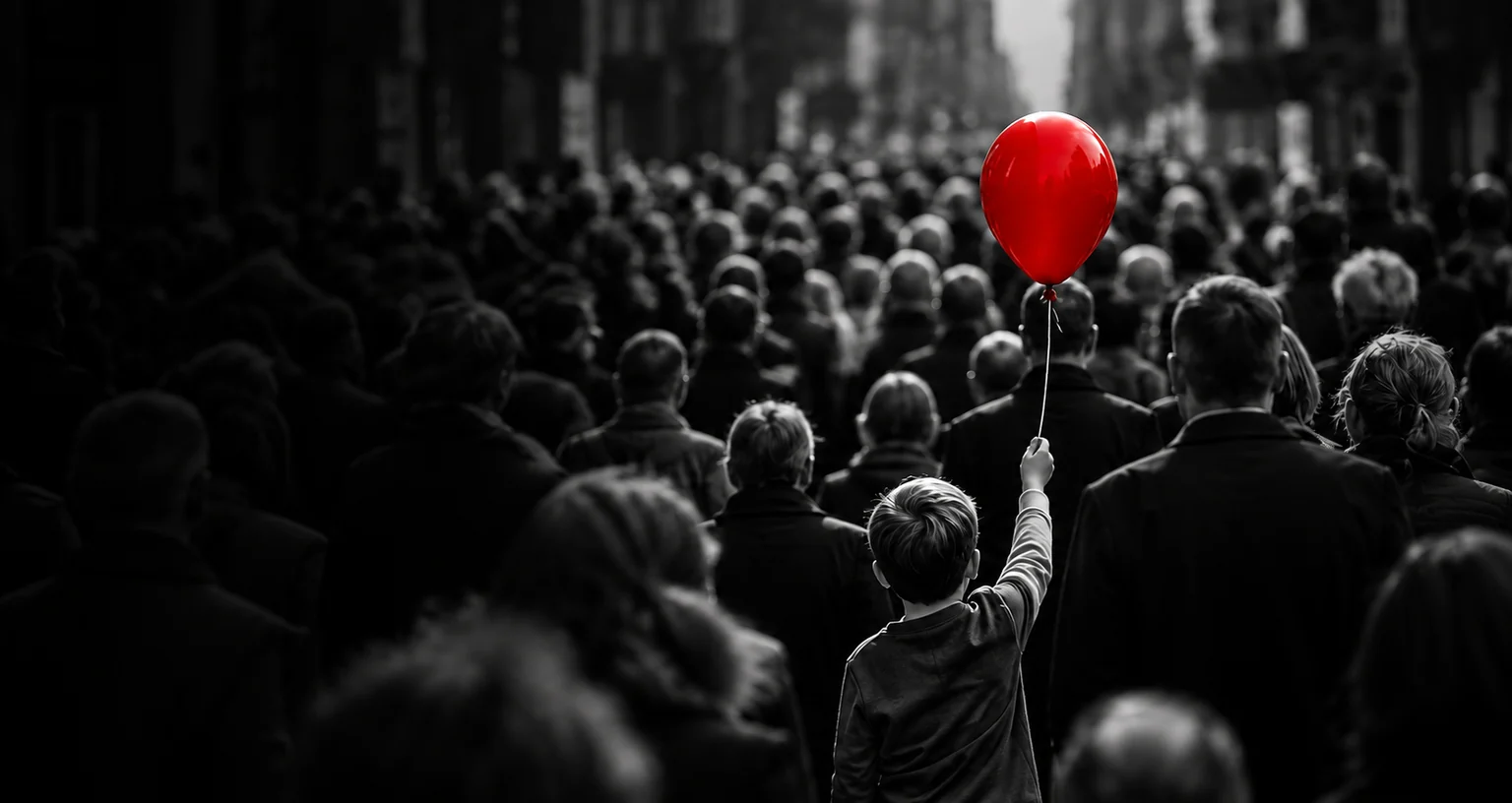 A boy in a monochrome crowd holds a single red balloon aloft